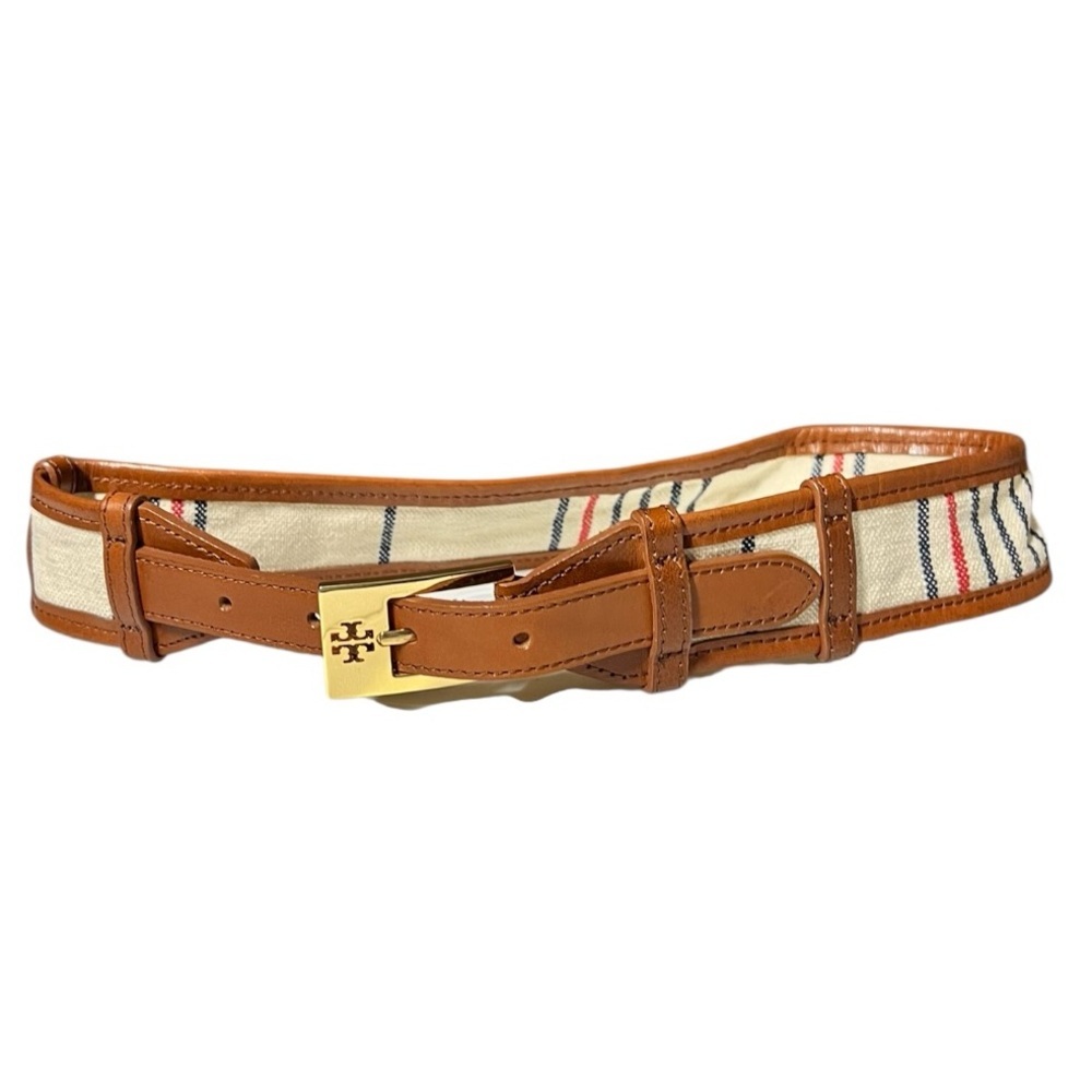 🌻Like New Tory Burch Dash Belt XXS Canvas Stripe Brown Leather Gold Logo